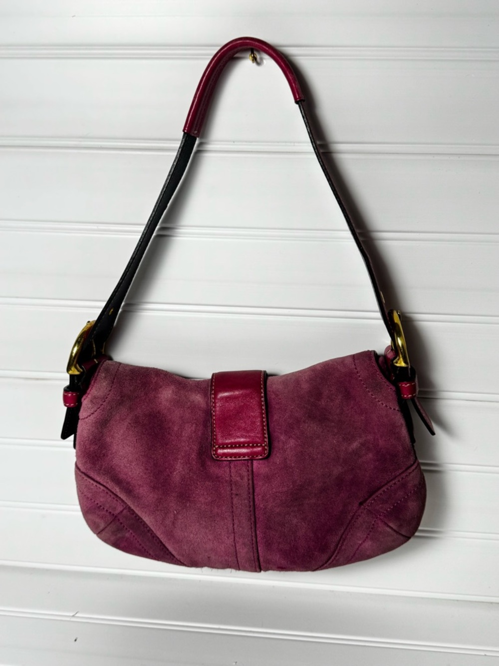 Coach Pink Suede Saddle Shoulder Bag with Gold Buckle and Pink Leather Strap - Picture 11 of 11